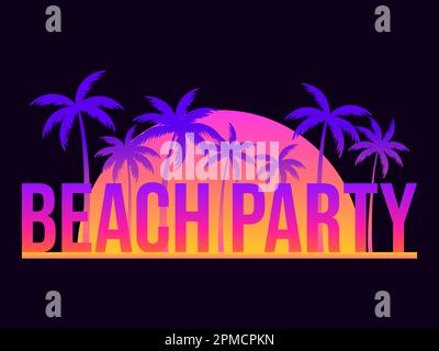 Poster für Strandpartys mit Palmen und Sonnenuntergang auf schwarzem Hintergrund. Tropische Palmen mit Gradienten. Sommerzeit. Design für Banner, Broschüren und Werbung Stock Vektor