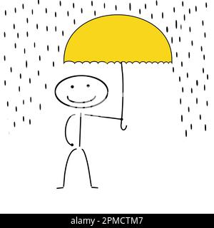 Die Strichfigur steht im Regen mit einem Regenschirm Stockfoto