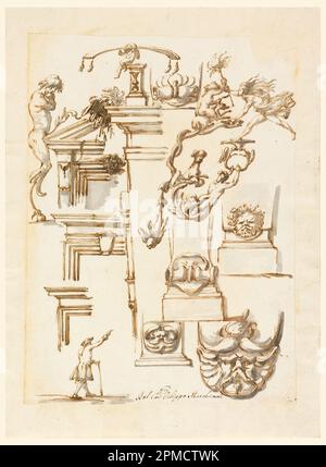 Zeichnung, architektonische Details und Abbildungen; entworfen von Filippo Marchionni (Italienisch, 1732–1805); Italien; Stift und Tinte, Pinsel und graue Aquarelle auf liegendem Papier; 27,6 x 20,4 cm (10 7/8 x 8 1/16 Zoll) Stockfoto