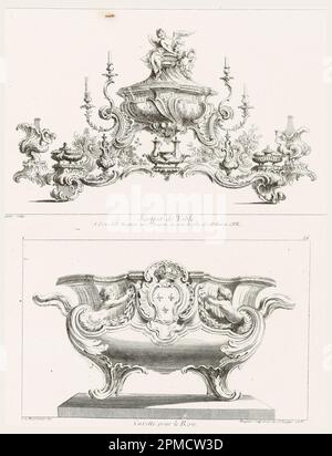 Printwerbung, Neuvième Livre des Oeuvres de J.A. Meissonnier, Surtout de Table/Cuvette de Roy [Neunte Entwurfsserie aus der Arbeit von J.A. Meissonnier, Design for Table Centerpiece/King's Bowl], pl. 55 in Oeuvre de Juste-Aurèle Meissonnier; entworfen von Juste-Aurèle Meissonnier (Frankreich, B. Italien, 1695–1750); geätzt von Gabriel Huquier (Frankreich, 1695–1772); Frankreich; Ätzen auf cremefarbenem Laienpapier; Platemark: 20,5 x 31,1 cm (8 1/16 x 12 1/4 Zoll) Stockfoto