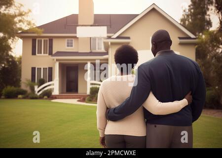 Ein wohlhabendes schwarzes Paar, das vor einem Haus steht Stockfoto