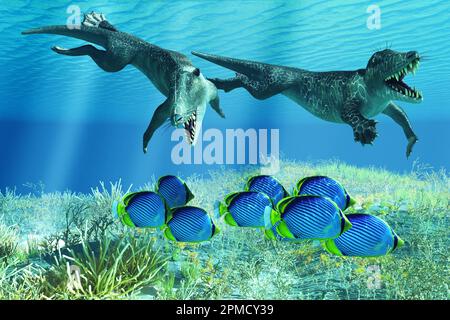 Ambulocetus war ein prähistorischer Vorfahre des modernen Wals und konnte an Land wandern und im Meer nach Beute jagen. Stockfoto