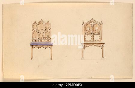 Zeichnung, Designs für zwei Stühle in England; Aquarell, Graphitträger: Weißes gewebtes Papier; 14,5 x 25 cm (5 11/16 x 9 13/16 Zoll) Abmessungen = breiteste Punktmatte: 45,7 x 35,6 cm (18 x 14 Zoll) Stockfoto