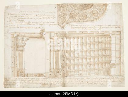 Zeichnung, Teatro Filarmonico, Accademia Filarmonica, Verona, Italien: Abschnitt und Decke; Architekt: Francesco Galli Bibiena (Italienisch, 1659 - 1739); entworfen von Jean-Joseph Chamant (Französisch, 1699 - 1768); Italien; Stift und braune Tinte, Bürste und braune Wäsche, schwarze Kreide auf weißem Papier; 39,8 x 57 cm (15 11/16 x 22 7/16 Zoll). Matte: 55,9 x 71,1 cm (22 x 28 Zoll); Bequest of Erskine Hewitt; 1938-57-1443 Stockfoto