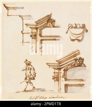 Zeichnung, architektonische Details und Abbildungen; Filippo Marchionni (Italienisch, 1732–1805); Italien; Stift und Tinte, Pinsel und graue Aquarelle auf liegendem Papier; 18 x 18,6 cm (7 1/16 x 7 5/16 Zoll) Stockfoto
