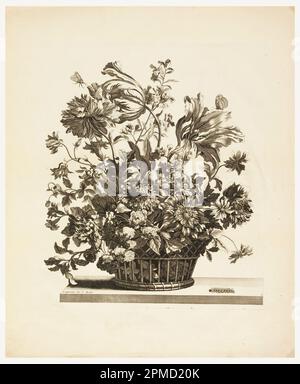 Print, Korb mit Blumen auf einem Tisch, Teller 8 aus der Serie Livres de plusieurs Paniers de Fleurs [Flowers in a Basket]; entworfen von Jean-Baptiste Monnoyer (Französisch, 1636-1699); Veröffentlicht von Pieter I. Mortier (Amsterdam, Niederlande); Frankreich; Ätzen, Gravur auf weißem, liegendem Papier Stockfoto