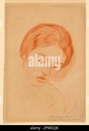 Zeichnung, Kopf einer Frau; Sir Edward Burne-Jones (Englisch, 1833–1898); England; rote Kreide auf cremefarbenem gewebtem Papier; 22,6 x 15,6 cm (8 7/8 x 6 1/8 Zoll) Stockfoto