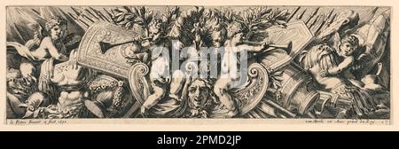 Printmedien, Frieze: Trophäen der Waffen und Putti; Printmacher: Jean Le Pautre (Französisch, 1618-1682); Frankreich; Ätzen auf Papier Stockfoto