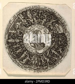 Druck, Boden einer Schale (?); entworfen von Johann Theodor de Bry (Deutsch, 1561 - 1623), Theodor de Bry (Frankreich, aktive Niederlande und Deutschland, 1528 - 1598); Niederlande; Gravur auf Papier; 12,5 x 12,2 cm (4 15/16 x 4 13/16 Zoll) Stockfoto