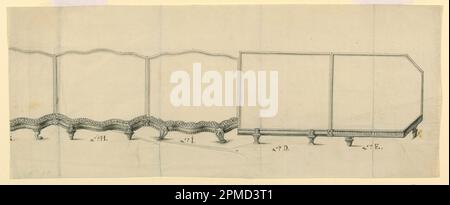 Zeichnung, Konstruktionsvarianten für den Tisch (in zwei Teilen); entworfen von Unknown; Stift und schwarze Tinte, grau auf liegendem Papier; 13,9 x 34,7 cm (5 1/2 x 13 11/16 Zoll) Stockfoto