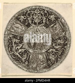 Aufdruck, Boden einer Schüssel; entworfen von Johann Theodor de Bry (Deutsch, 1561 - 1623); Niederlande; Gravur auf liegendem Papier; 12,7 x 12,6 cm (5 Zoll X 4 15/16 Zoll) Durchmesser: 12,1 cm (4 3/4 Zoll) Stockfoto
