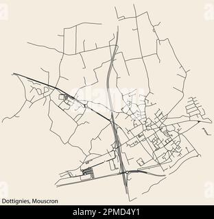 Detaillierte handgezeichnete Straßenkarte der Gemeinde DOTTIGNIES der belgischen Stadt MOUSCRON, Belgien, mit lebhaften Straßenlinien Stock Vektor