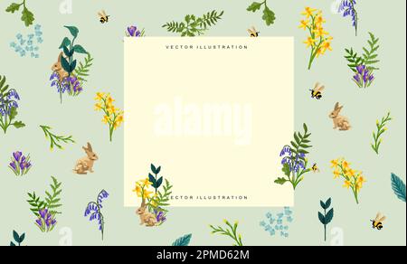 Frühlingsblumen mit Blütenmuscheln, Narzissen und Wildpflanzen. Dekorative Vektor-Layoutzusammenstellung Stock Vektor