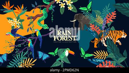 Eine Sammlung wilder Regenwaldpflanzen, Bäume und Tiere. Hintergrundmuster für das Layout der Vektordarstellung. Stock Vektor