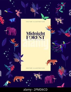 Magische und wilde Regenwaldgestaltung um Mitternacht mit exotischen Dekorationen. Vektordarstellung Stock Vektor