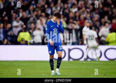 Madrid, Spanien. 12. April 2023. Joao Felix vom Chelsea FC reagiert während des ersten Fußballspiels der UEFA Champions League im Viertelfinale der UEFA Champions League zwischen dem Real Madrid CF und dem Chelsea FC im Santiago Bernabeu Stadion. Endergebnis: Real Madrid 2:0 Chelsea Credit: SOPA Images Limited/Alamy Live News Stockfoto