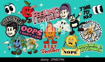 Eine Kollektion klassischer Retro-Sticker und verspielter, uninspirierender Zitate mit Zeichentrickfiguren. Vektorbildungs-Set. Stock Vektor