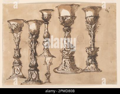 Zeichnen, Chalice Designs; Architekt: Giuseppe Barberi (Italienisch, 1746–1809); Italien; Stift und braune Tinte, Bürste und braune Wäsche auf cremefarbenem Papier, gefüttert; Bild: 19,8 x 27,6 cm (7 13/16 x 10 7/8 Zoll) Stockfoto