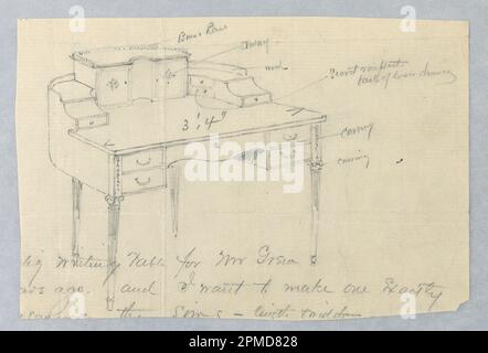 Zeichentisch, Design for Writing Table mit Oberschrank und Ionischen Kapiteln auf den Beinen; entworfen von A.N. Davenport Co.; Graphit auf dünnem cremefarbenem Papier; 13,7 x 20,3 cm (5 3/8 x 8 Zoll) Stockfoto