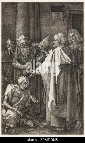 Print, S. Peter und S. John Heilen die Lahme am Tor des Tempels; Printmacher: Albrecht Dürer (Deutsch, 1471–1528); Deutschland; Gravur auf Laienpapier; 11,7 x 7,3 cm (4 5/8 x 2 7/8 Zoll); 1951-82-17 Stockfoto