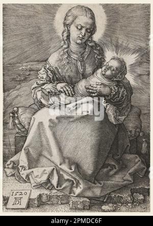 Print, die Jungfrau und das Kind in Wickelkleidung; Print Maker: Albrecht Dürer (Deutsch, 1471–1528); Deutschland; Gravur auf Laienpapier; 13,8 x 9,6 cm (5 7/16 x 3 3/4 Zoll) Stockfoto