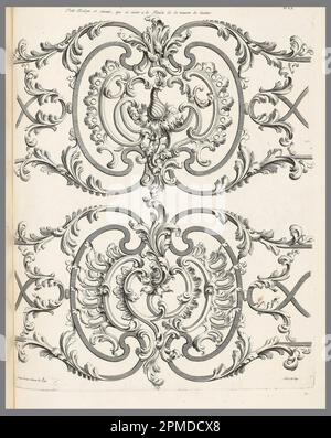 Print, Petit Balcoon et Suivant, qui de voient a la Facade de la Maison de l'Auteur (kleiner Balkon und andere Grillarbeiten der Residenz Jean Lamour), pl. 23 in Recueil des Ouvrages de Serrurerier; entworfen von Jean Lamour; Frankreich; Gravur auf schwerem cremefarbenen Papier; Blatt: 61 x 45,7 cm (24 x 18 Zoll) Platemark: 53,2 x 43,2 cm (20 15/16 Zoll X 17 Zoll) Stockfoto