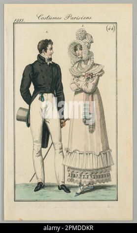 Print, Costumes Parisiens aus Le Journal des Dames et des Modes, 1815, Platte 44; handfarbige Gravur auf cremefarbenem Papier; 19,3 x 11,4 cm (7 5/8 x 4 1/2 Zoll) Stockfoto