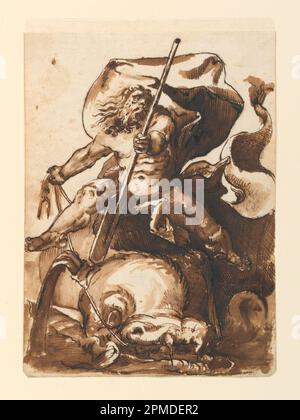 Zeichnung, Ein Brunnen mit Neptun nach Hendrik Goltzius; Nicolas Bailly (Französisch, 1659 – 1736); nach Hendrik Goltzius (niederländisch, 1558 – 1617); Frankreich; Bürste und Wasch, Stift und Tinte, Auf Papier; 22,4 x 16,5 cm (8 13/16 x 6 1/2 Zoll) Stockfoto