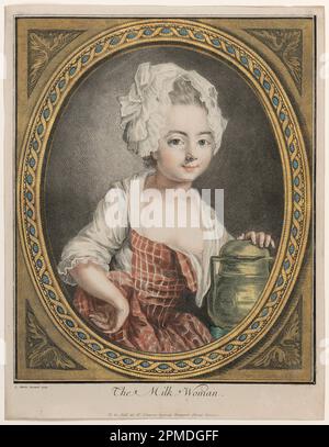 Print, The Milk Woman; Louis-Marin Bonnet (französisch, 1736–1793); Gravur und Ätzung in blauer, schwarzer und roter Tinte über Goldblatt, auf cremefarbenem Papier.; Bild: 28,2 x 23,4 cm (11 1/8 x 9 3/16 Zoll) Stockfoto