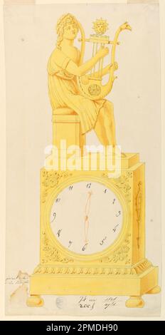 Zeichnung, Design for a clock; wird Lefebvre Manufactory, Tournai, Belgien, zugeschrieben; Pinsel und gelb, rote Aquarelle, Stift und schwarze Tinte, auf cremefarbenem Papier; 42,2 x 21,2 cm (16 5/8 x 8 3/8 Zoll) Abmessungen variieren Matte: 55,9 x 40,6 cm (22 x 16 Zoll) Stockfoto
