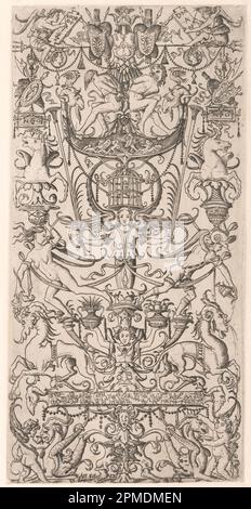 Print, Ornament Panel with Bird Cage; Nicoletto da Modena (Italienisch, aktiv 1500-1522); Veröffentlicht von Antonio Salamanca (Italienisch, ca. 1500 - 1562); Italien; Gravur auf cremefarbenem, liegendem Papier Stockfoto