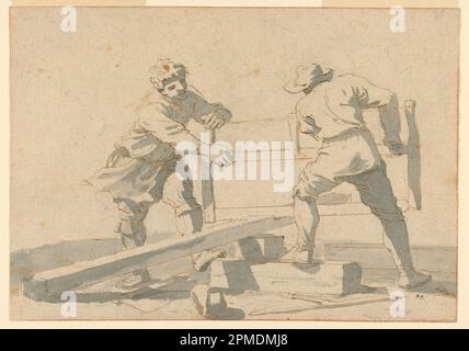 Zeichnung, Two Men Sawing a Plank; Italien; Stift und braun-schwarze Tinte, Bürste und graues Waschen auf Papier; 16,5 x 23,6 cm (6 1/2 x 9 5/16 Zoll) Stockfoto