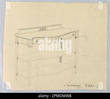 Zeichnung, Design für Serviertisch mit konvexer Front; entworfen von A.N. Davenport Co.; Stift und schwarze Tinte auf dünnem cremefarbenem Papier; 17,5 x 21,0 cm (6 7/8 x 8 1/4 Zoll) Stockfoto