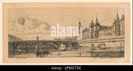 Printmedien, Le Pont-au-Change (The Exchange Bridge); Printmedien: Charles Meryon (Französisch, 1821–1868); Frankreich; Ätzen von schwarzer Tinte auf weißem Papier; Platte: 15,4 x 33,3 cm (6 1/16 x 13 1/8 Zoll) Papier: 16,9 x 35,3 cm (6 5/8 x 13 7/8 Zoll); Bequest of George Campbell Cooper; 1896-3-412 Stockfoto