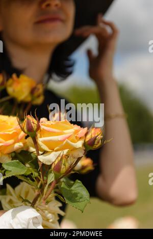 Zweig gelber Rosen mit Knospen auf einem verschwommenen Hintergrund eines Bildes einer Frau mit einem Hut, dessen Rand sie mit der Hand hält. Stockfoto