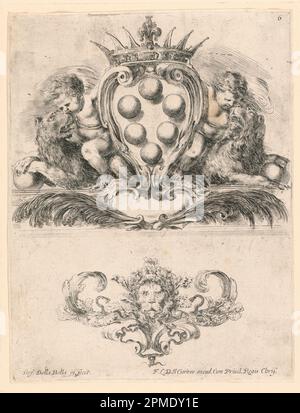 Print, Coat of Arms of the Grand Duke of Toskana: Ornament with a Lion Mask, No. 6 from 'Raccolta di varii cappriccii et nove inventioni di cartelle et ornamenti'; Print Maker: Stefano della Bella (italienisch, 1610–1664); Italien; Ätzen auf Papier; 25,2 x 19,3 cm (9 15/16 x 7 5/8 Zoll). Stockfoto