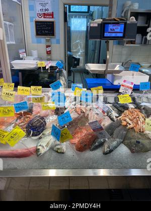 Numana, Italien - 7 2023. April Fischer, die frischen Fisch aus der adria und Meeresfrüchte auf dem Markt früh am Morgen am Hafendock verkaufen Stockfoto