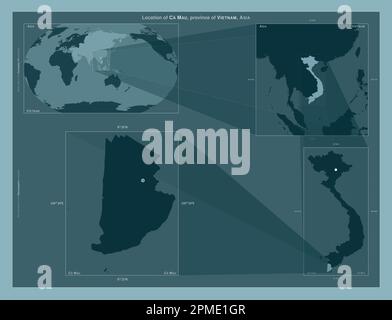 Ca Mau, Provinz Vietnam. Diagramm, das die Position der Region auf Karten mit größerem Maßstab zeigt. Zusammensetzung von Vektorrahmen und PNG-Formen auf einem Volumenkörper b Stockfoto