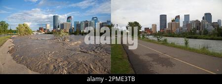 Bug River Valley während einer schweren Überschwemmung am 22. Juni 2013 (links) und 5 Jahre später am 22. Juni 2018 in einem Jahr normaler Regenfälle, Calgary, Kanada Stockfoto