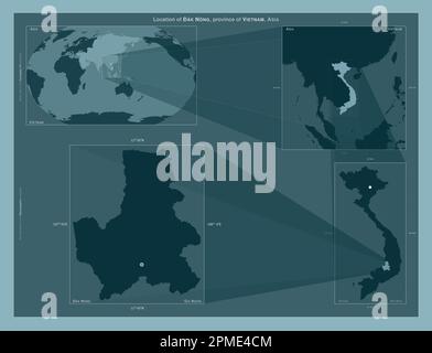 ak Nong, Provinz Vietnam. Diagramm, das die Position der Region auf Karten mit größerem Maßstab zeigt. Zusammensetzung von Vektorrahmen und PNG-Formen auf einem Volumenkörper Stockfoto