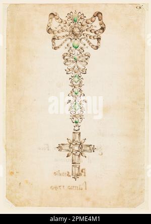 Zeichnen, Design for a Pendant with Cross; entwickelt von Girolamo Venturi; Italien; Stift und Tinte, Pinsel und Sepia, grün, Aquarell auf Papier; 19,6 x 13,3 cm (7 11/16 x 5 1/4 Zoll) Stockfoto