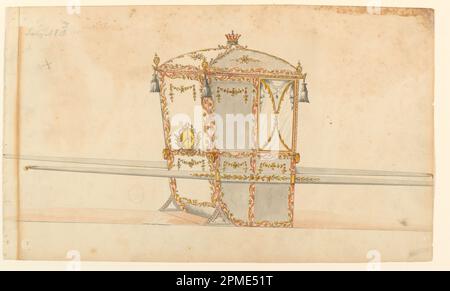 Zeichnung, Design for a Sedan Chair; Design von Unknown (English); England; Stift und schwarze Tinte, Pinsel und grau, braun, rot, gelb und blau Aquarell über Graphit auf cremefarbenem Papier; 24,6 x 41,8 cm (9 11/16 x 16 7/16 Zoll) [irreg.] Stockfoto