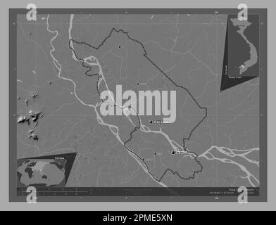 Ong Thap, Provinz Vietnam. Bilevel-Höhenkarte mit Seen und Flüssen. Standorte und Namen der wichtigsten Städte der Region. Zusätzliche Eckpunkte Stockfoto