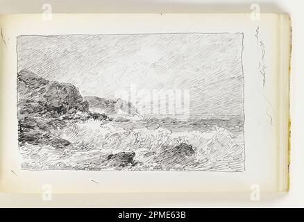 Skizzenbuch Folio, Quick Sketch of Waves on Rocks; William Trost Richards (amerikanisch, 1833–1905); USA; Stift und schwarze Tinte auf cremefarbenem gewebtem Papier; 9,4 x 15,5 cm (3 11/16 x 6 1/8 Zoll), irreguläres Blatt: 12,3 x 19,5 cm (4 13/16 x 7 11/16 Zoll) Stockfoto