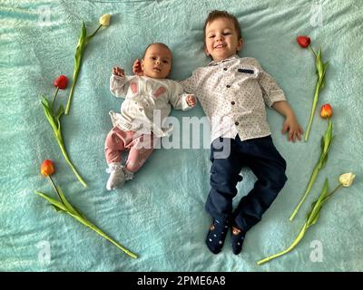 Top-Aufnahme von Kleinkindern und Neugeborenen, die auf einer Decke liegen, mit Tulpen um sie herum Stockfoto