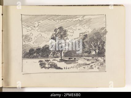 Skizzenbuch Folio, Landschaft mit Bäumen und Felsen; William Trost Richards (amerikanisch, 1833–1905); USA; Graphit auf cremefarbenem gewebtem Papier, gebunden; 9 x 13 cm (3 9/16 x 5 1/8 Zoll) Blatt: 12,8 x 19,2 cm (5 1/16 x 7 9/16 Zoll) Stockfoto