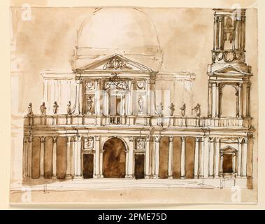 Zeichnung, Aufzug einer Kirche; Architekt: Giuseppe Barberi (Italienisch, 1746–1809); Italien; Stift und braune Tinte, Bürste und braunes Waschen, rote Tinte auf cremefarbenem Lagepapier, liniert; Bild: 20 x 25,4 cm (7 7/8 x 10 Zoll) Stockfoto