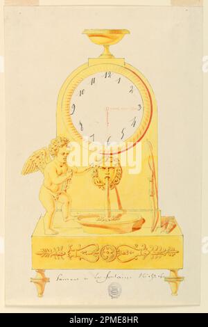 Zeichnung, Design für Uhr; hergestellt von Lefebvre Manufactory, Tournai; Belgien; Pinsel und gelb-rote Aquarelle, schwarz, Graphit, auf cremefarbenem Papier; 33,3 x 21,9 cm (13 1/8 x 8 5/8 Zoll) Stockfoto