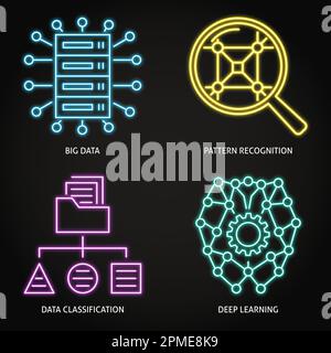 Datenklassifizierung und Deep Learning-Neon-Symbolsatz. Vektordarstellung. Stock Vektor