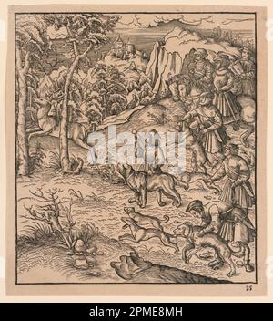 Print, A Stag Hunt, aus „der Weisskunig“, 1775; Deutschland; Holzschnitt auf liegendem Papier; 23,2 x 21 cm (9 1/8 x 8 1/4 Zoll); Bequest von George Campbell Cooper; 1896-3-48 Stockfoto